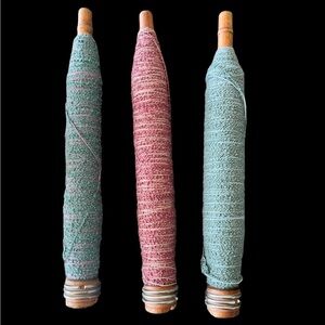 3 Antique Textile Wood Spools Bobbins Spindles with Thread Mill weaving pins
